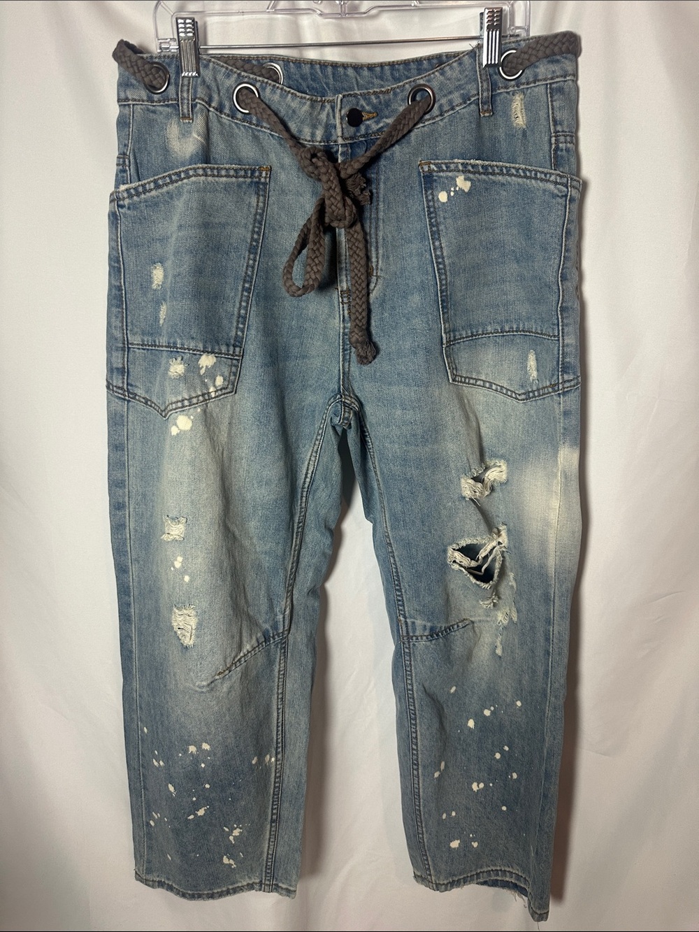 Oli & Hali Light Blue Distressed barrel Leg Denim Pants with Drawstring
